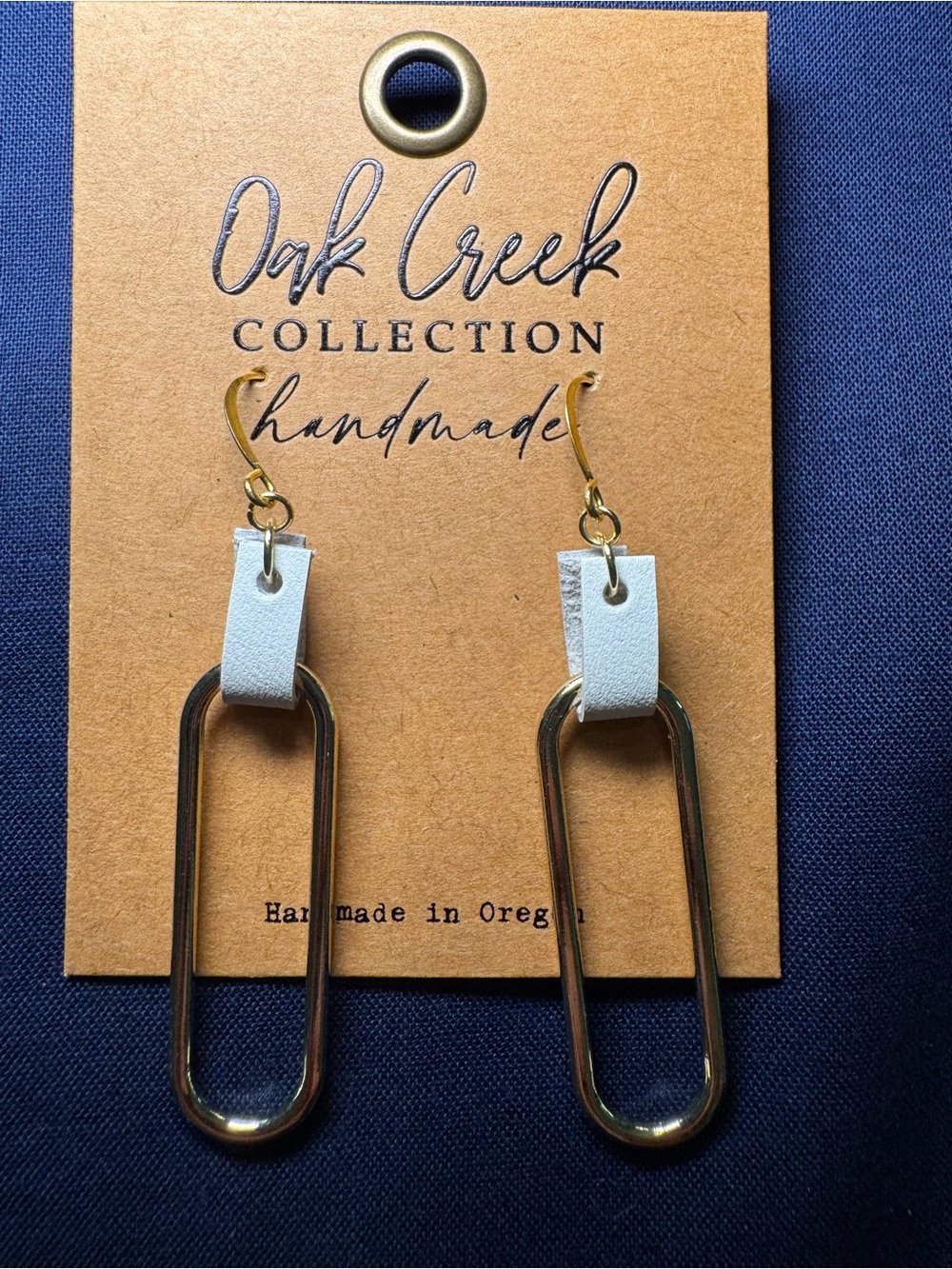 White Leather & Gold Oval Drop Earrings